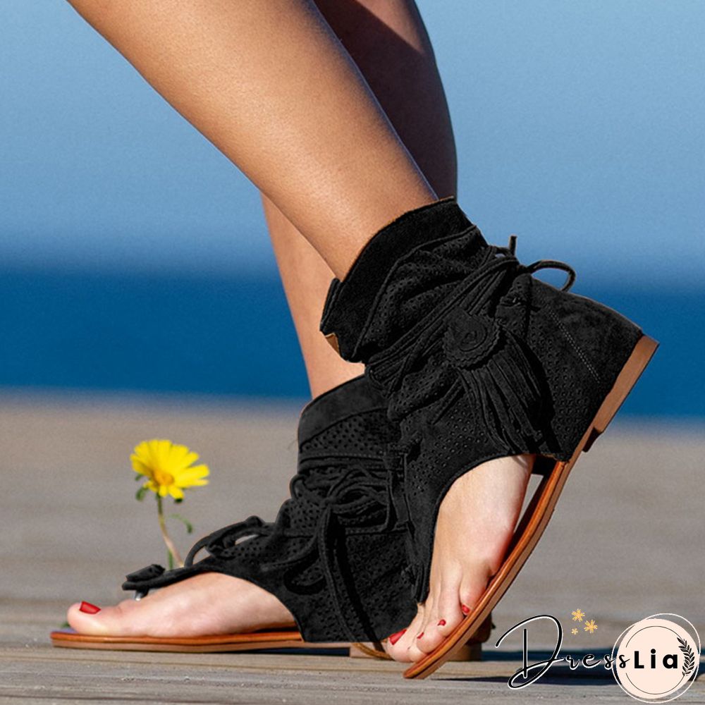 Retro Women Fringe Flower Wedges Shoes Solid Flock Beach Casual Sandals Women Summer Flip Flop Sandals