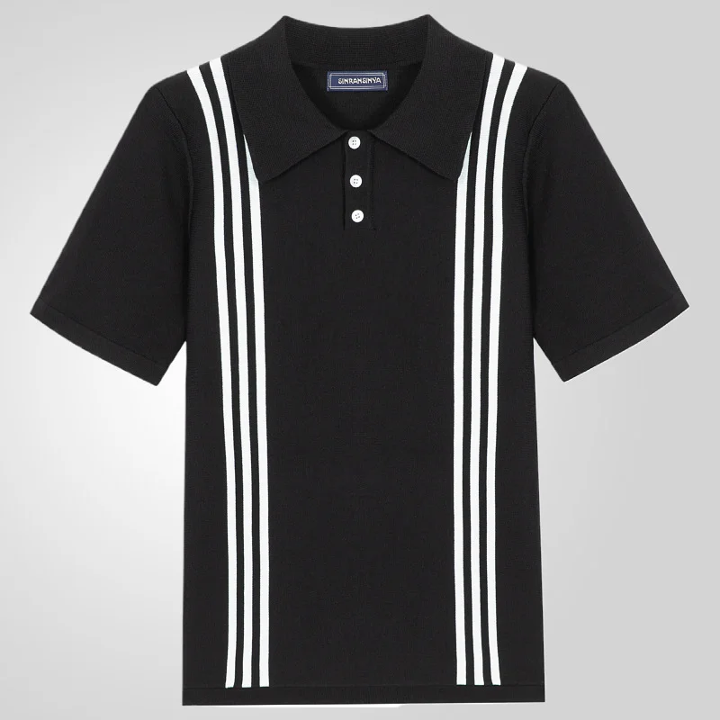 Uveng Uveng Men's Summer Striped Casual T-Shirt Black Short Sleeves POLO Shirt SY0097