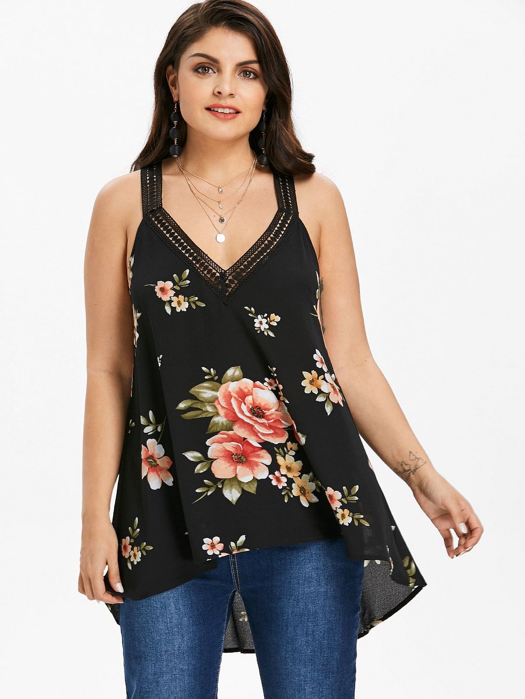 Plus Size 5XL V Neck Floral Dip Hem Tank Top Women Lace Strap Sleeveless Casual Tops Tees Summer Big Size Long Clothes