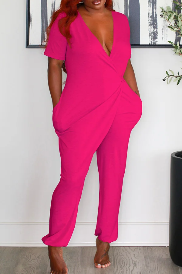 Solid Color Deep V-neck Jumpsuit