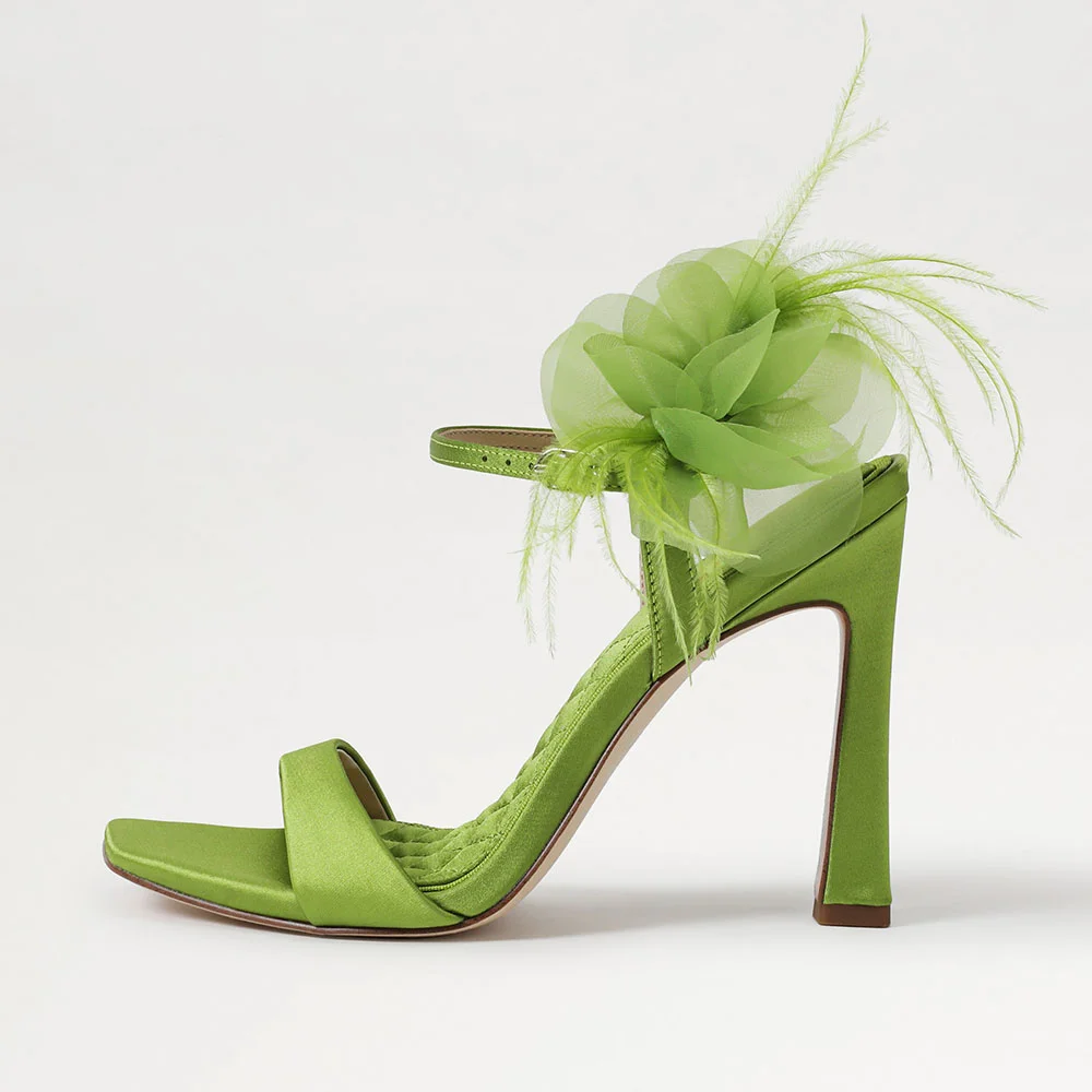 Green Square Toe Ankle Strap Heeled Sandals with Floral Decor