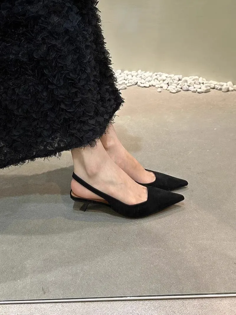 Breakj Breakj Retro Temperament Famous Head Pointed Sandals Women Summer Velvet Fine Heel Fairy High Heels Behind Empty Single Shoes