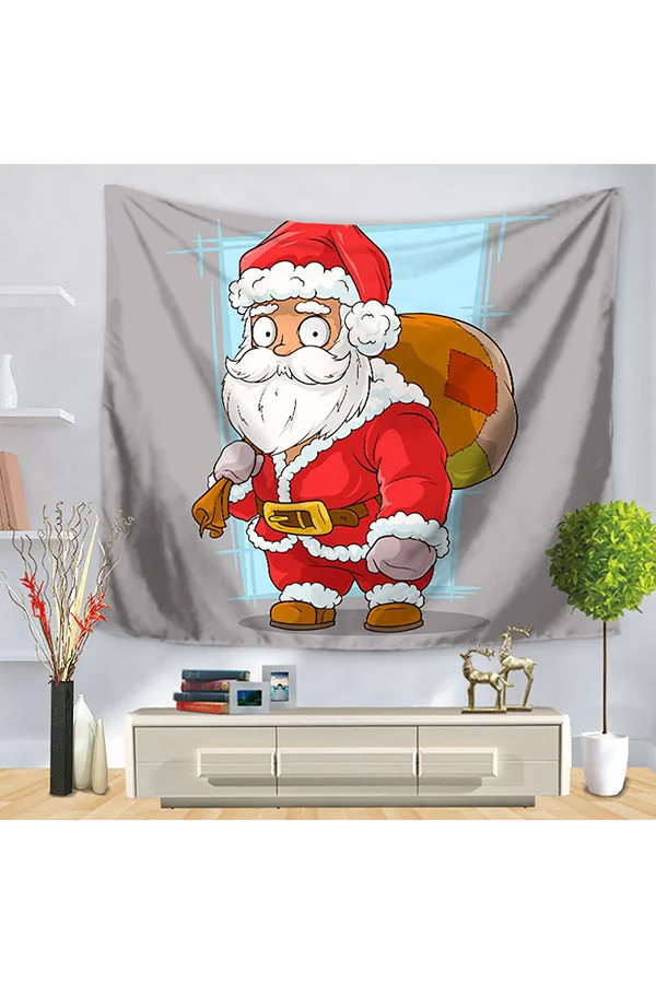 Home Decor Santa Claus With Gifts Print Christmas Wall Tapestry Gray-elleschic