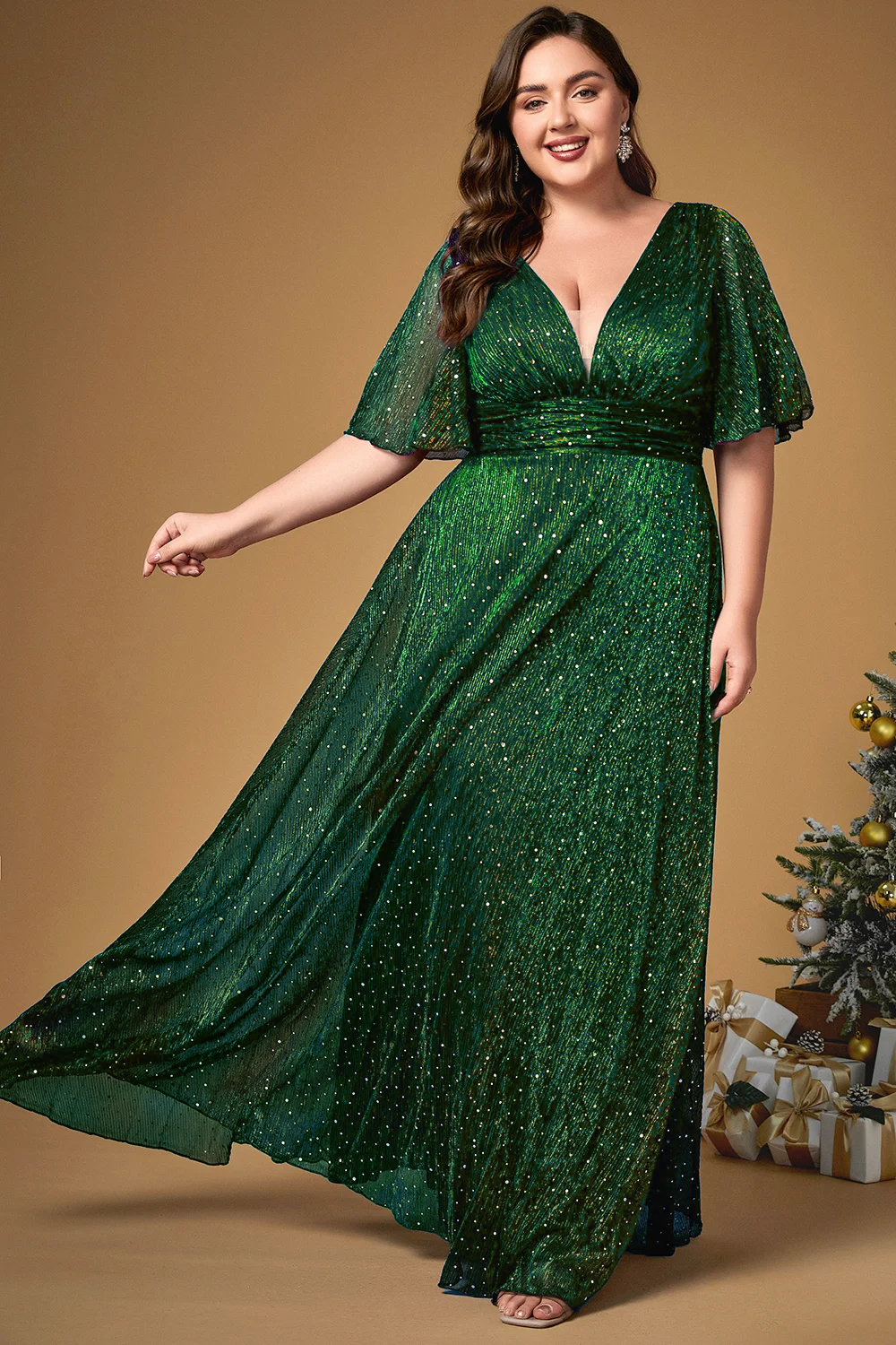 Flycurvy Plus Size Christmas Purple Mesh Sparkly Sequin Deep V Neck Ruffle Sleeve Empire Waist Tunic Maxi Dress 2024 - Flycurvy 