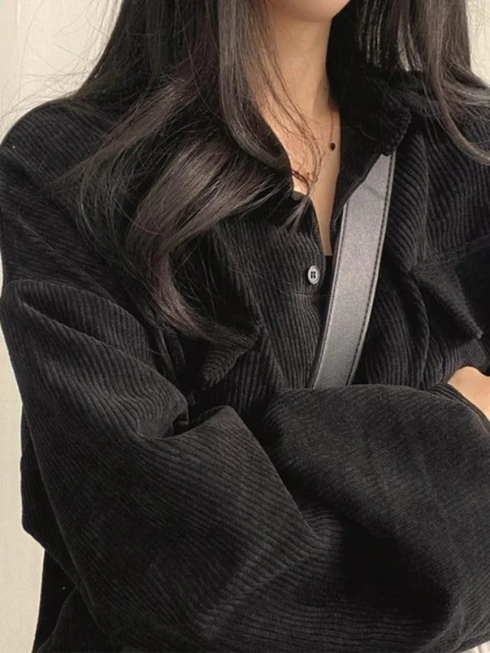 Brownm Vintage Corduroy Lapel Neck Button Long Sleeve Blouse
