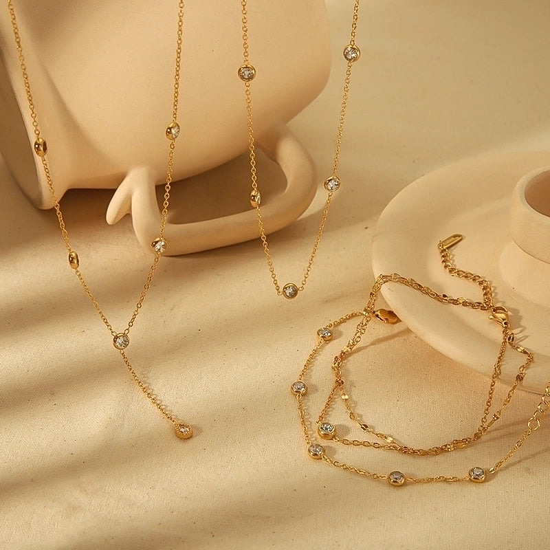 304 Stainless Steel 18K Gold Plated Minimalist Classic Style Plating Inlay Round Zircon Bracelets Necklace