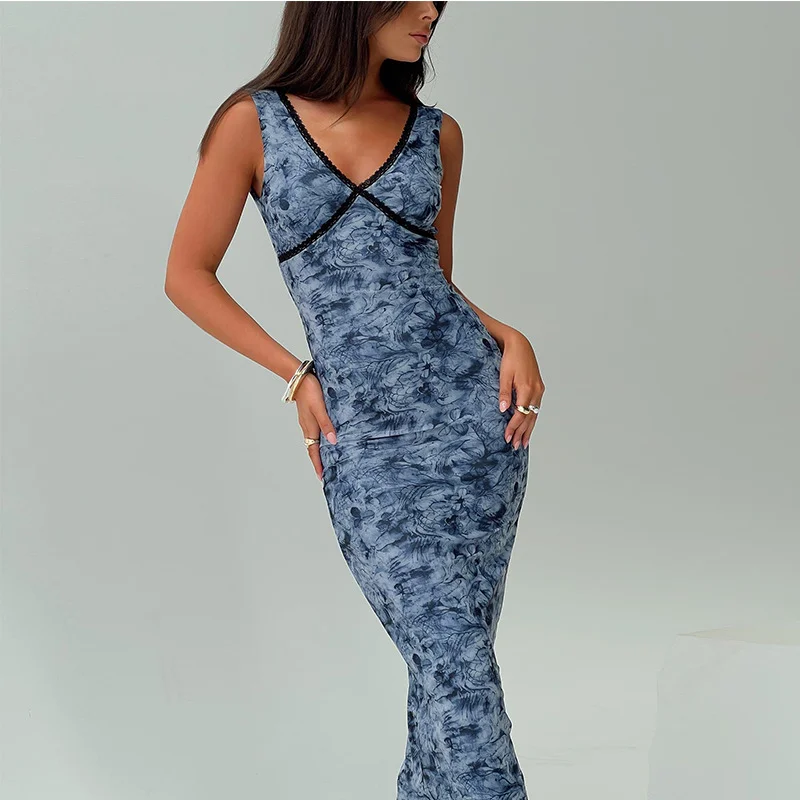 Uveng Uveng New Women's Fashion Retro Print Sexy Back Strap Slim Hip Dress