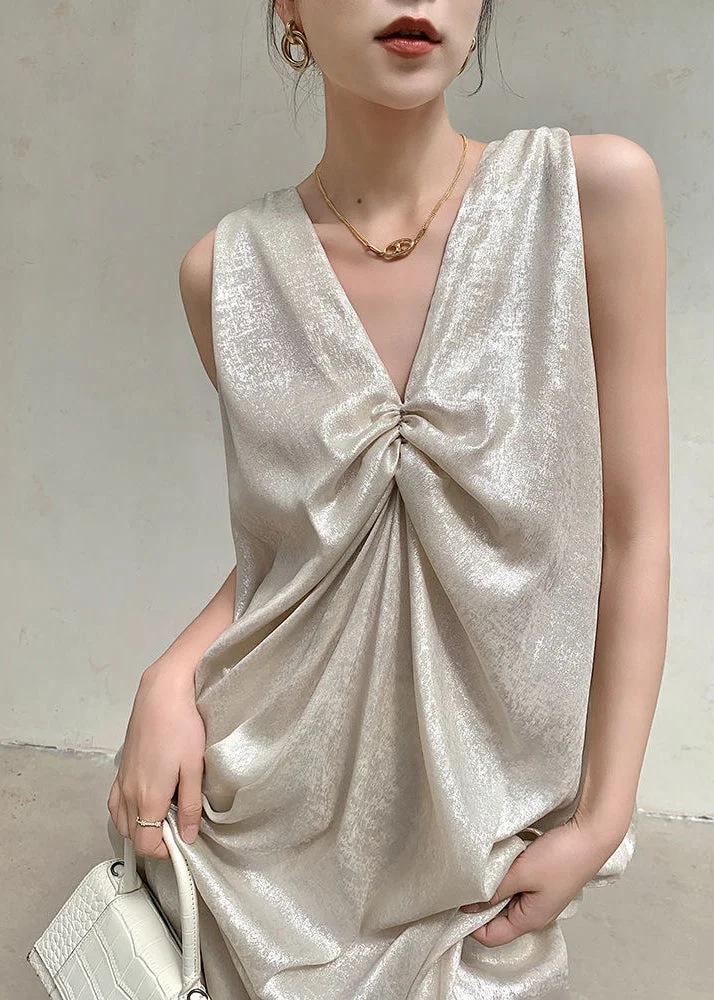 French Beige V Neck Wrinkled Silk Long Dress Sleeveless