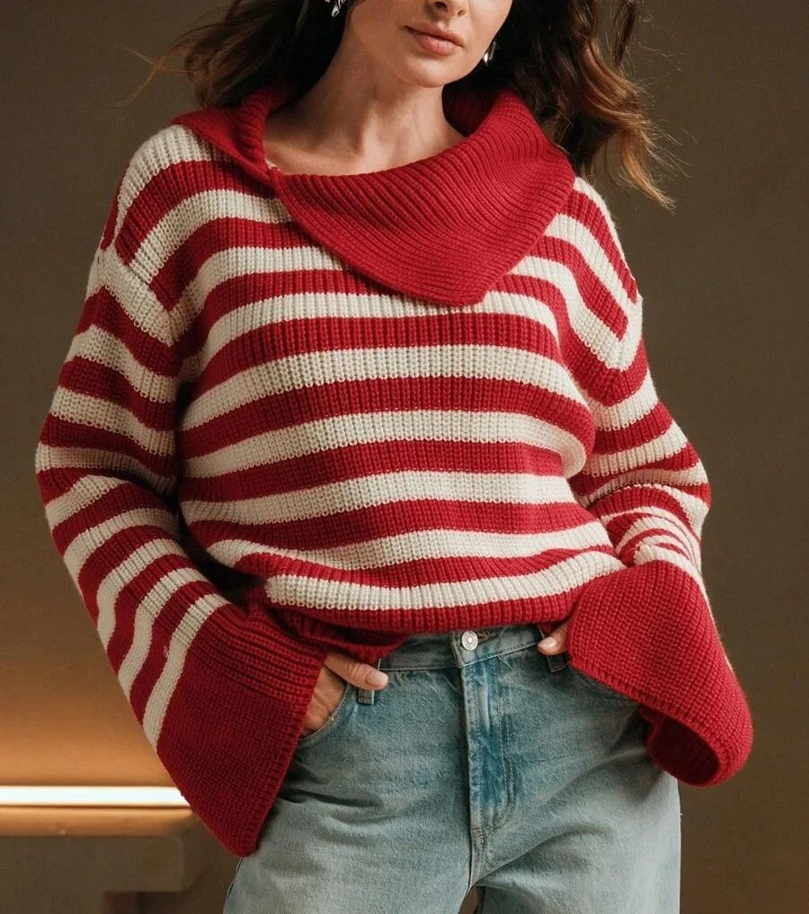 Nigikala Nigikala 2025 New Fashion Stripe Jersey Casual Loose Long-Sleeved Women's Sweater