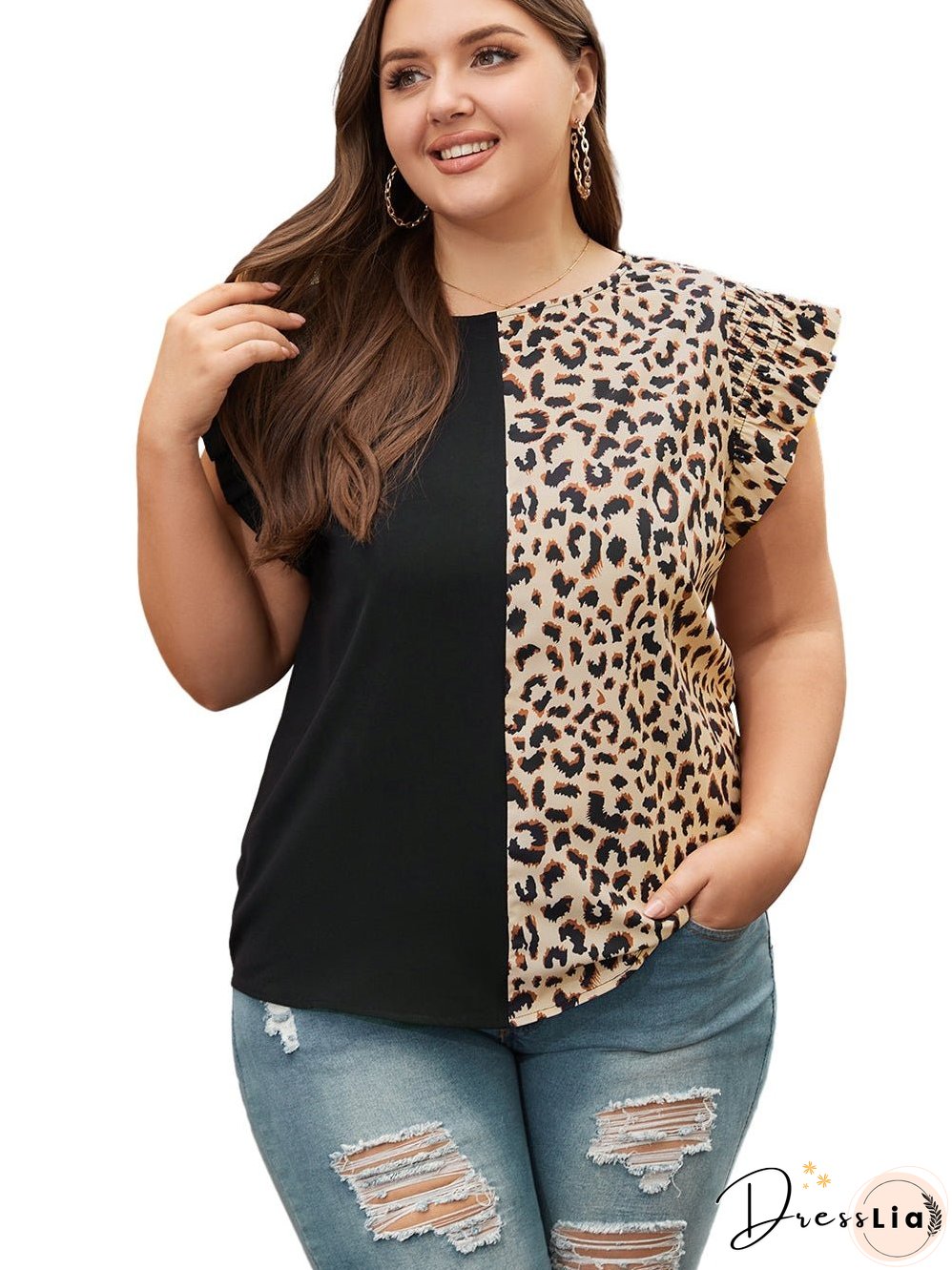 Elegant Black Leopard Ruffle Sleeve Plus Size Top