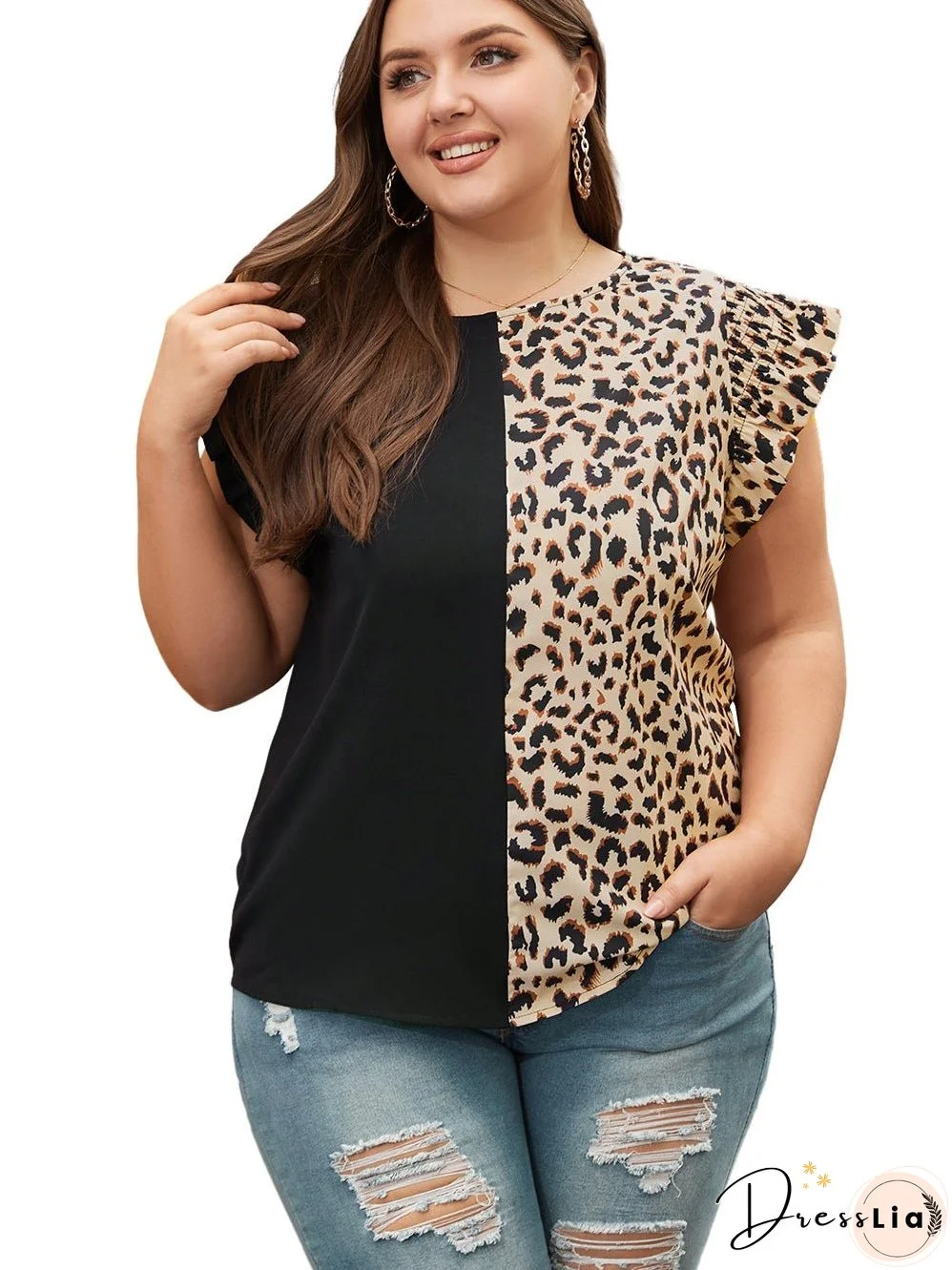 Elegant Black Leopard Ruffle Sleeve Plus Size Top