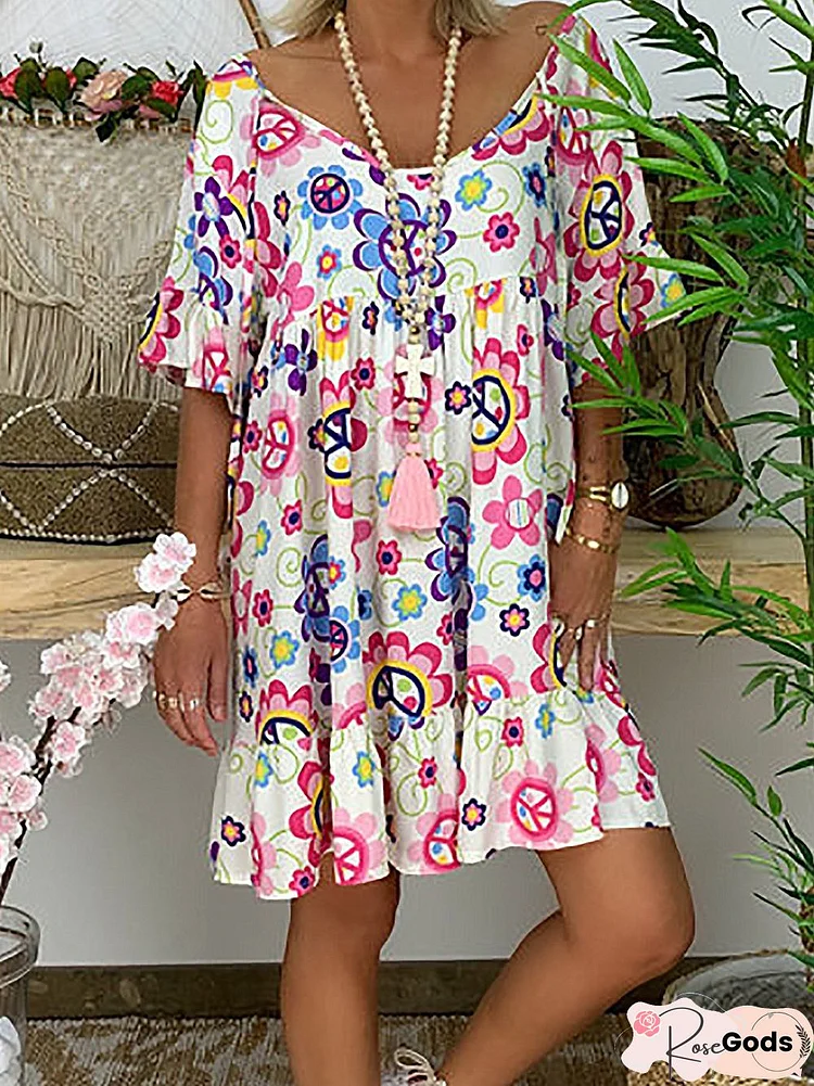 Half Sleeve Floral V Neck Weaving Dress