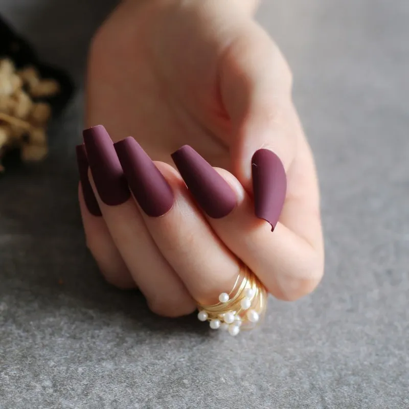 INS Ballet Matte Fake nails red Long Salon art coffin false nails yellow Ruby square 24pcs wedding nails Burgundy-Nail Inspo