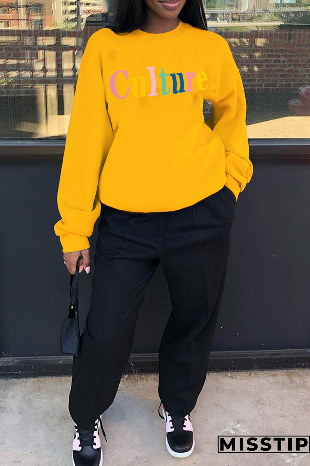 Black Street Vintage Print Patchwork Letter O Neck Tops