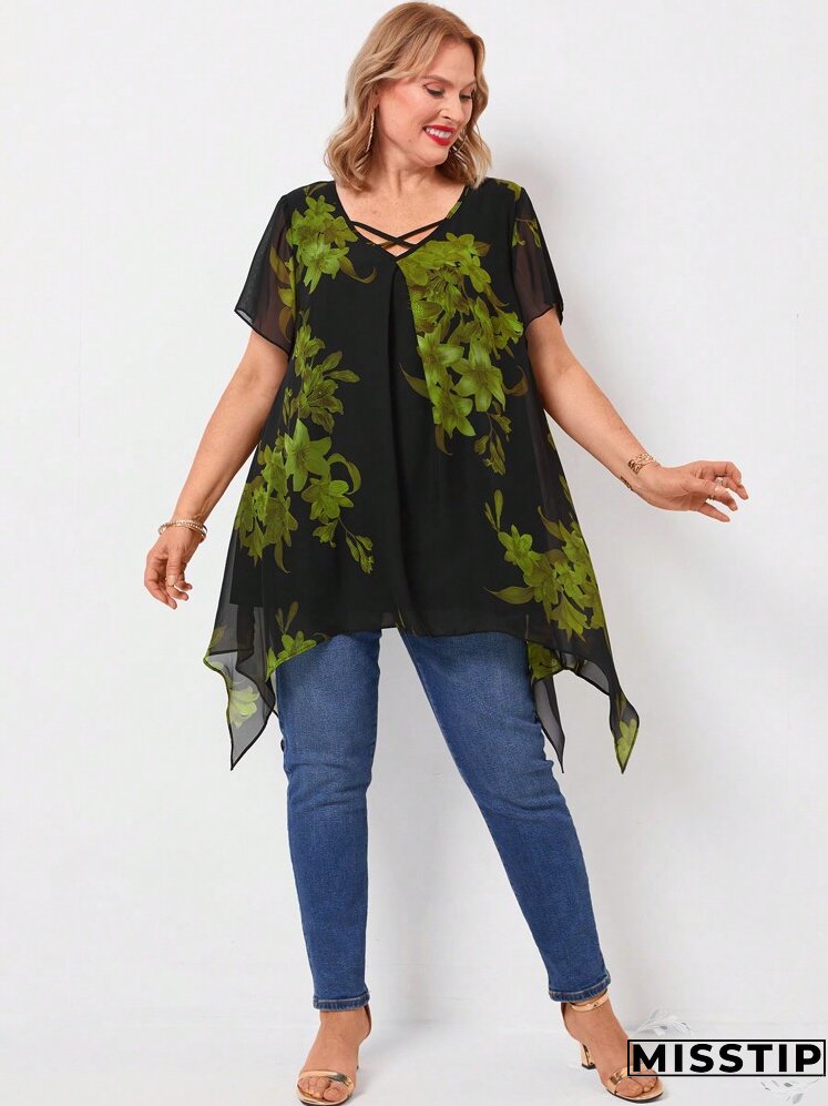 Plus Size Women Summer Cross Neck Florals Print Ruffled Short Sleeve Loose Elegant Blouse