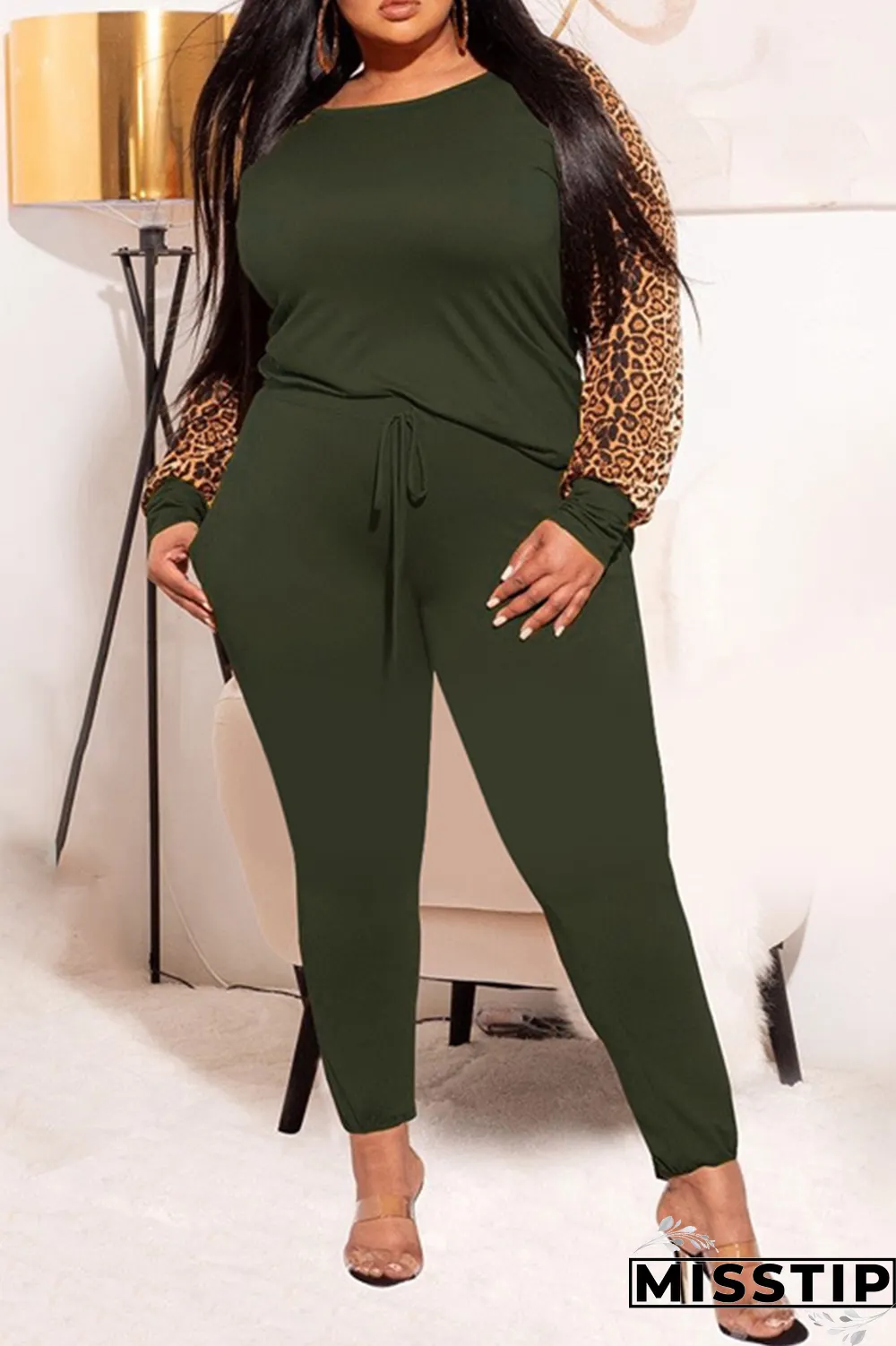 Earth Yellow Casual Leopard Patchwork O Neck Plus Size Two Pieces