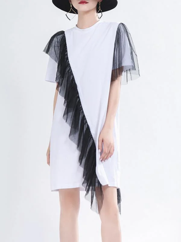Contrast Color Pleated Mesh Splicing T-Shirt Dress