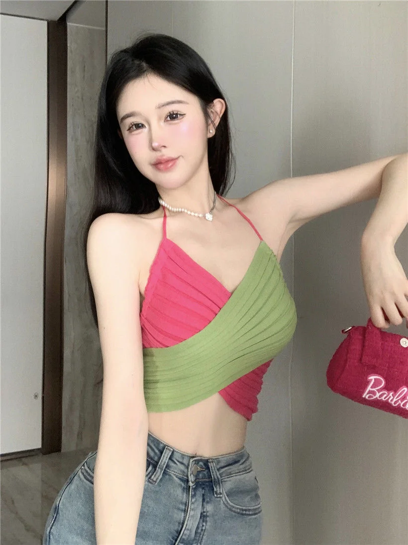 Uveng Uveng Wear Cross-Tieed Neck Knitted Sling Vest Woman New Sweet Hottie Sexy Short Thoracic Top