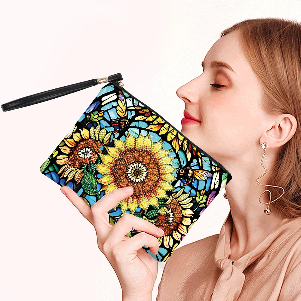 DIY Sunflower PU Partial Special Shaped Diamond Painting Wallet Makeup Bag
