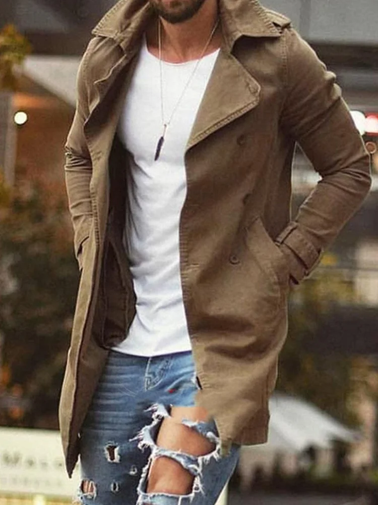 BrosWear Men's Simple Style Slim Mid length Lapel Trench Coat khaki