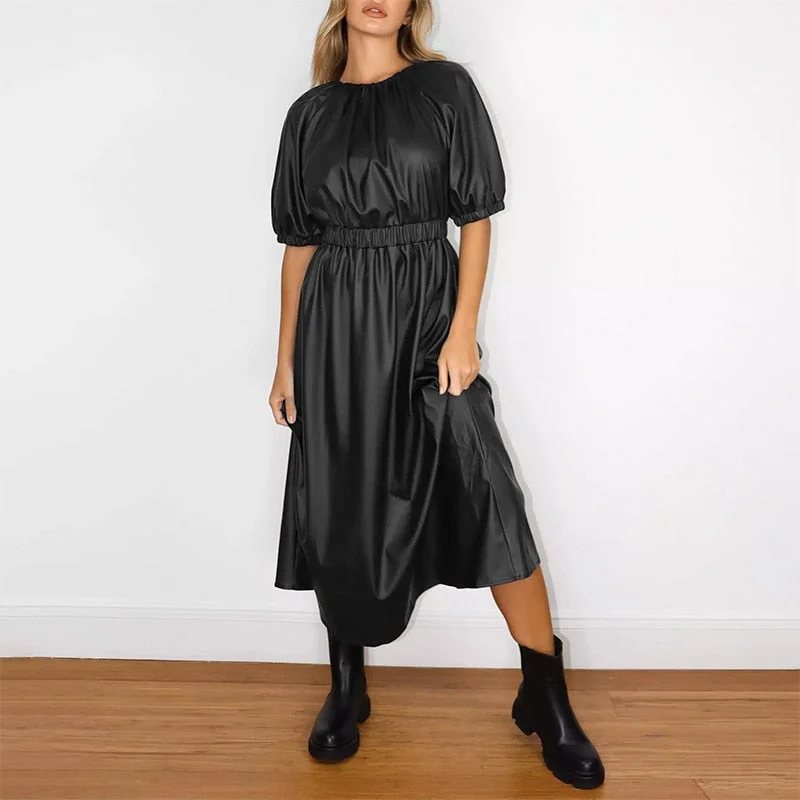 Autumn Women PU Leather Dress 2021 Celmia Vintage Puff Sleeve High Elastic Waist Long Sundress Solid Casual Party Midi Vestidos