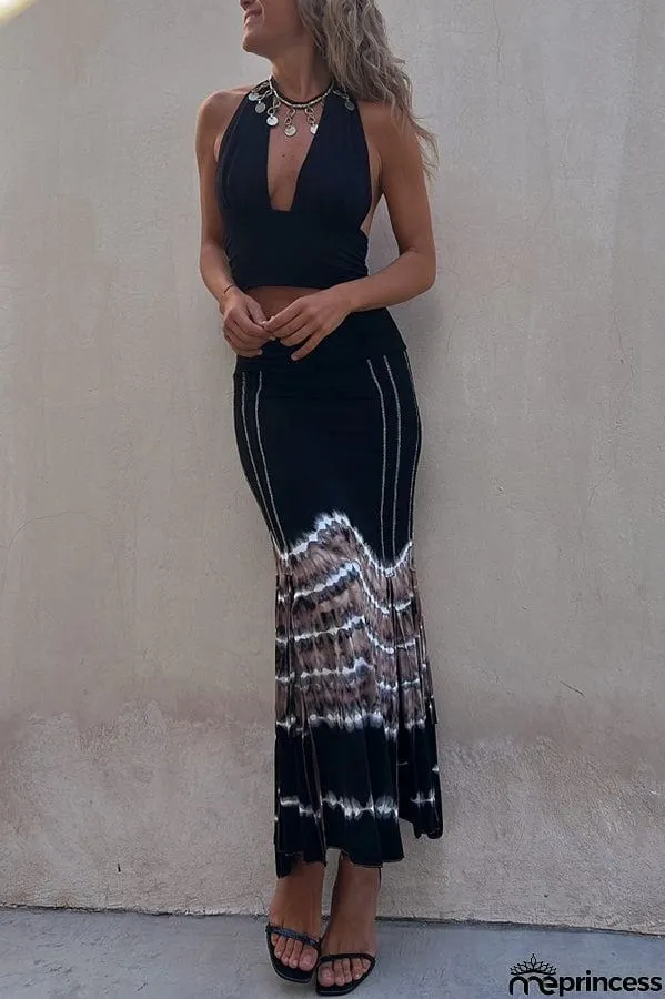 Wander Often Tie-dye Print Elastic Waistband Slit Stretch Maxi Skirt