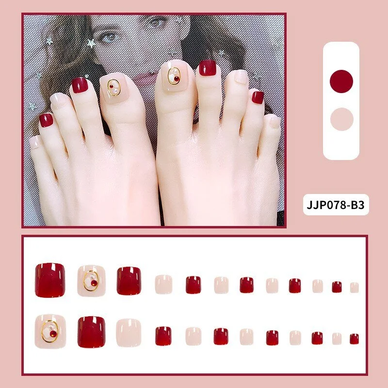 24pcs Plaid Printed Toenails Patch Removable Short  Full Finished Detachable Manicure False ToeNails Tips Press On Toe Nail-Nail Inspo