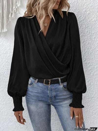 Surplice Smocked Lantern Sleeve Blouse