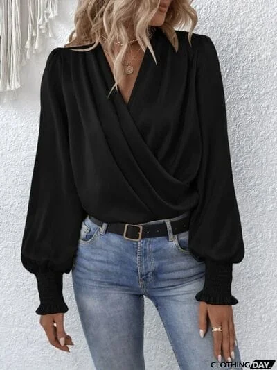 Surplice Smocked Lantern Sleeve Blouse