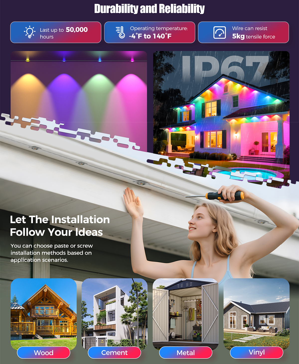 Tegooe Smart RGBIC Permanent Outdoor String Lights IP65 Rated