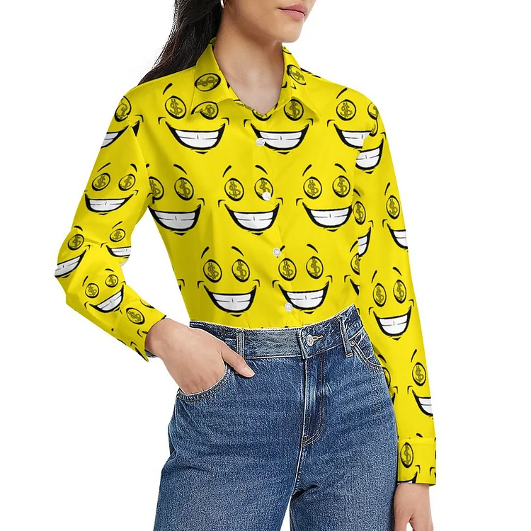 Rich Greedy Money Eyes Yellow Face Women Button Down Shirt Classic Long Sleeve Collared Work Office Blouse - Heather Prints Shirts