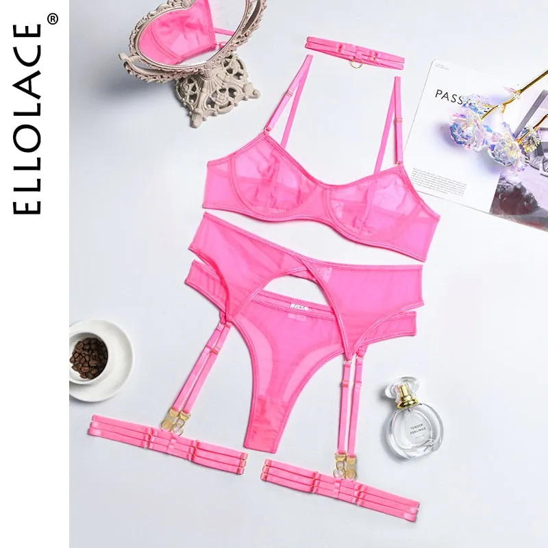 Ellolace Set Woman 4 Pieces Sexy Erotic Lingerie Underwear Bra Garters Brief Sets Transparent Lace Seamless Blue Setup Ladies