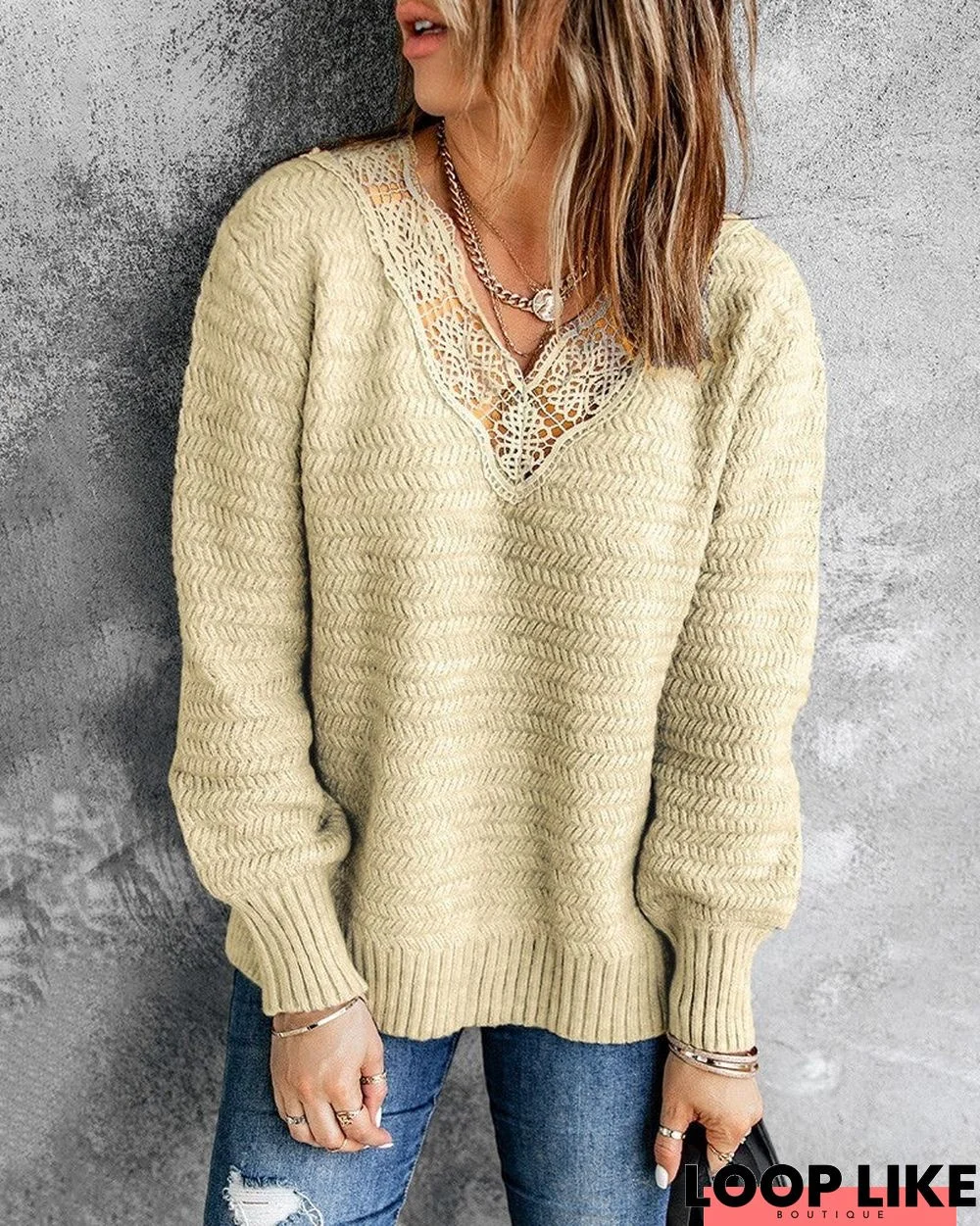 V-Neck Lace Patch Long Sleeve Sweater