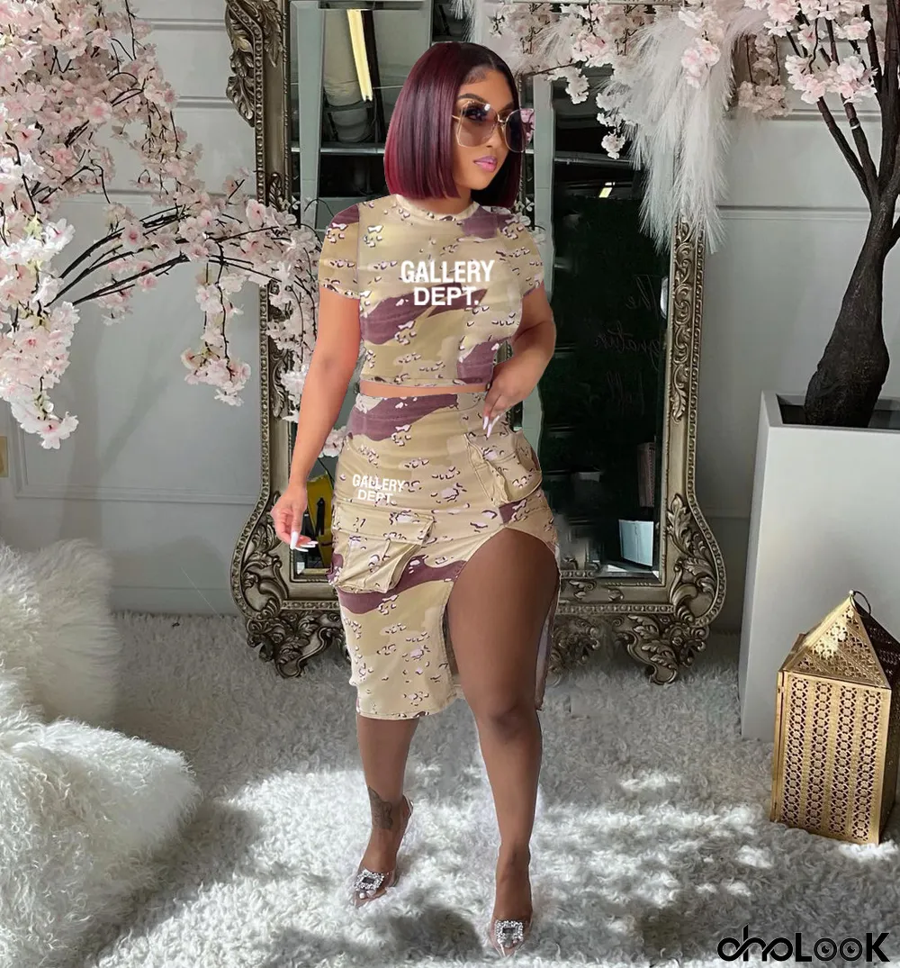 Women's Street Trend Camouflage Floral Slit Bodycon Mini Skirt Short Sleeve Set
