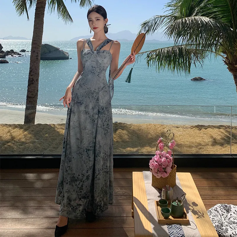 Churchf Churchf New Chinese Style Cold Sense Tie-Dye Ink Blue Halter Dress Temperament Shows White Chinese Style And Literary Wind