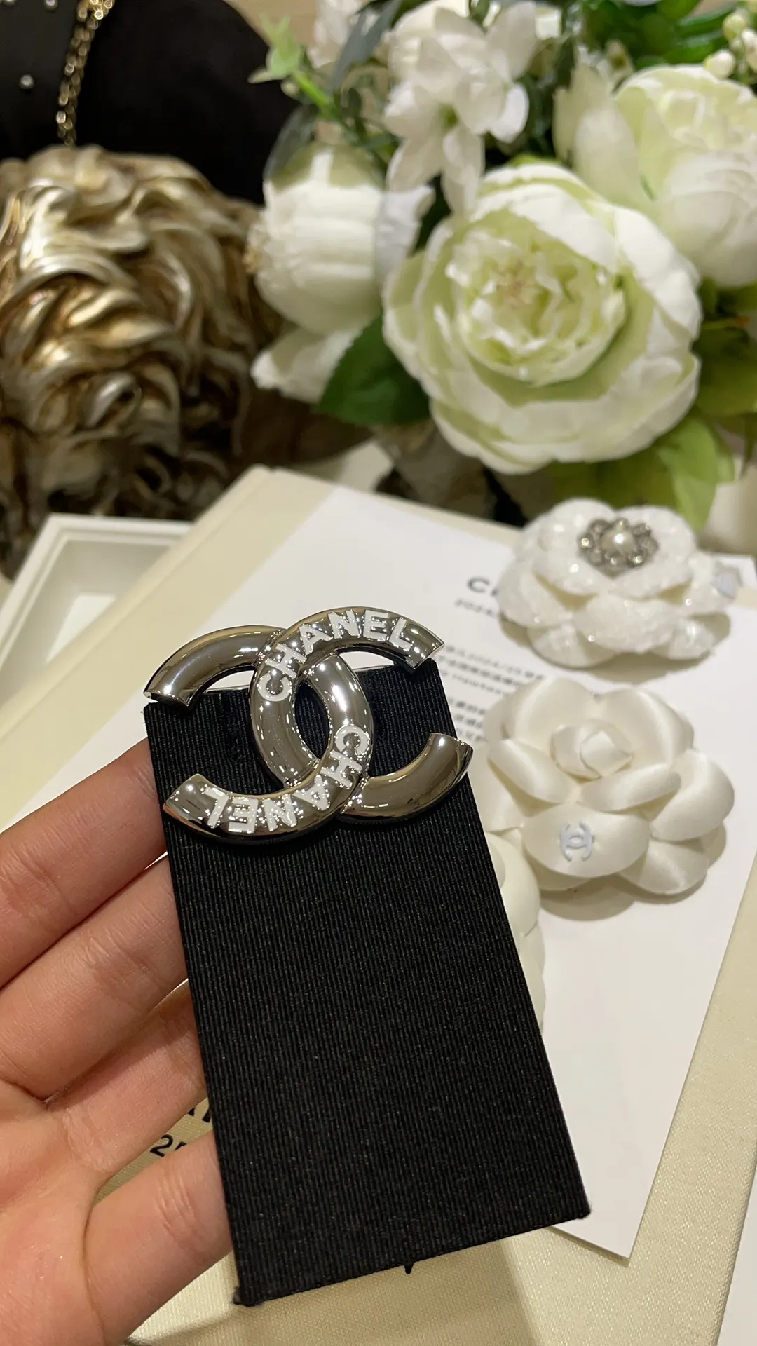 Chanel Letter White Enamel CC Silver Brooch