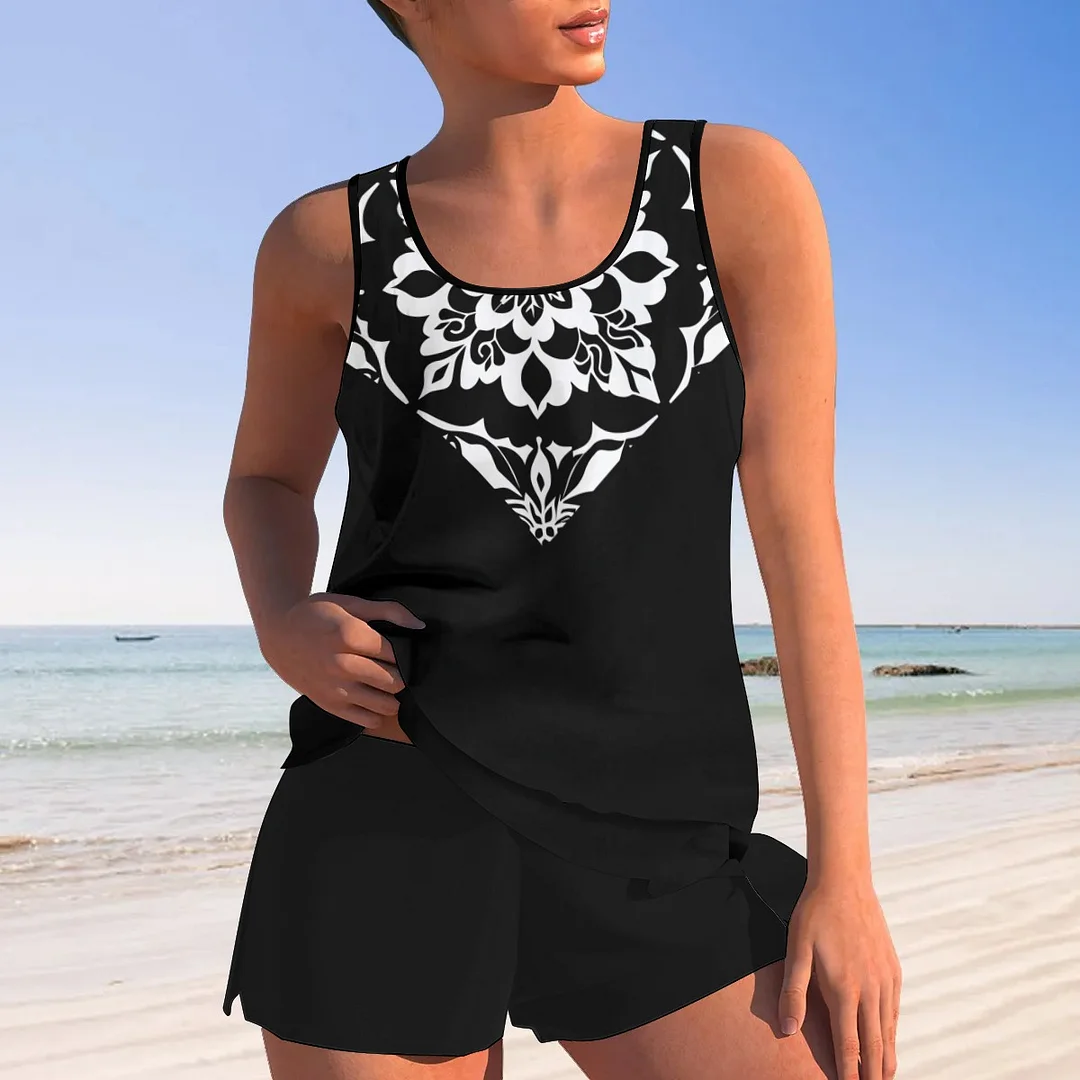 Women plus size clothing Bowknot Floral,Black,White,Mandala Mid Waisted Tankini Set - Plus Size Available-Nordswear