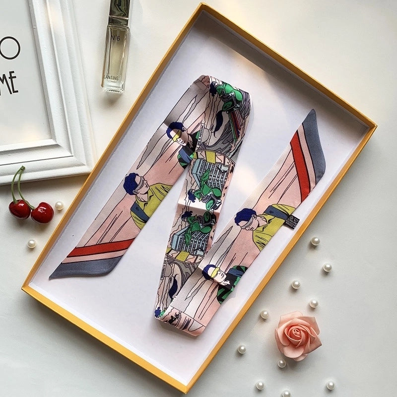 Women’s Minimalist Classic Style Color Block Satin Printing Silk Scarf