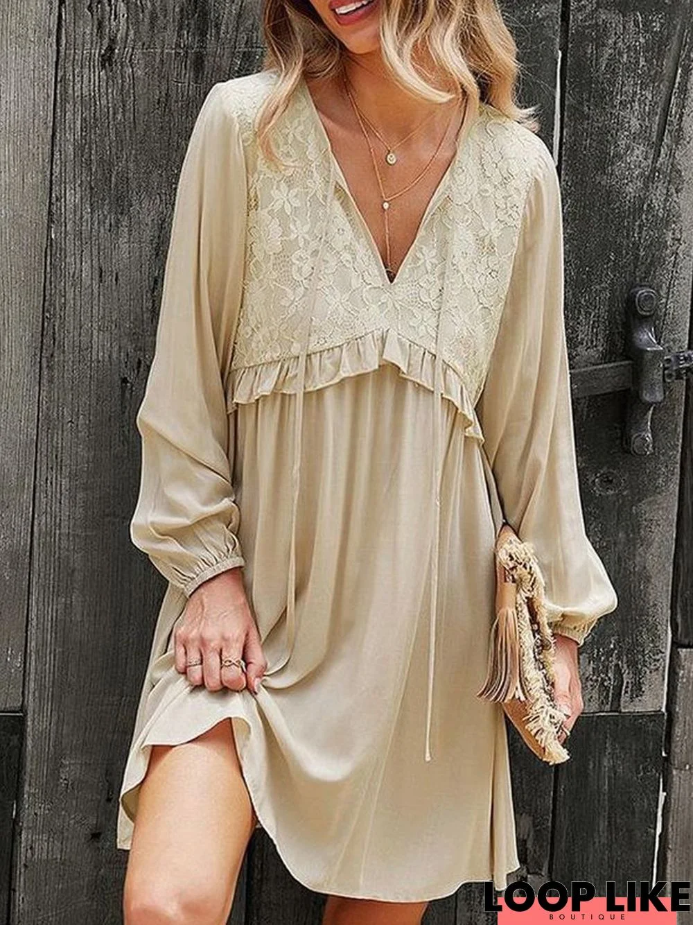 Loose V Neck Plain Casual Dress