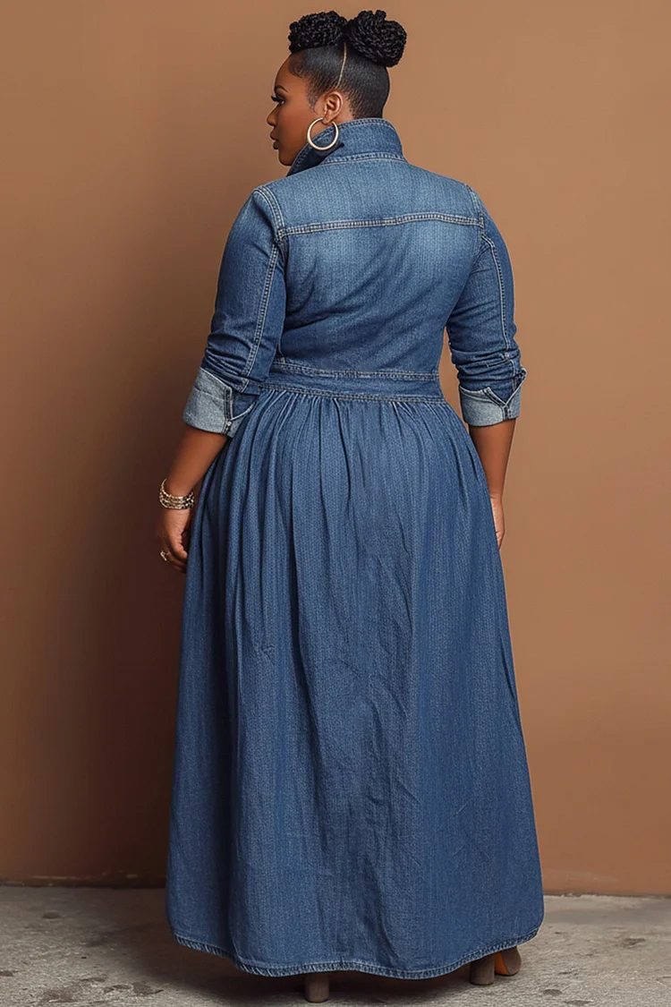 Xpluswear Design Plus Size Festival Blue High Collar Long Sleeve Split Casual Zipper Denim Coat [Pre-Order]