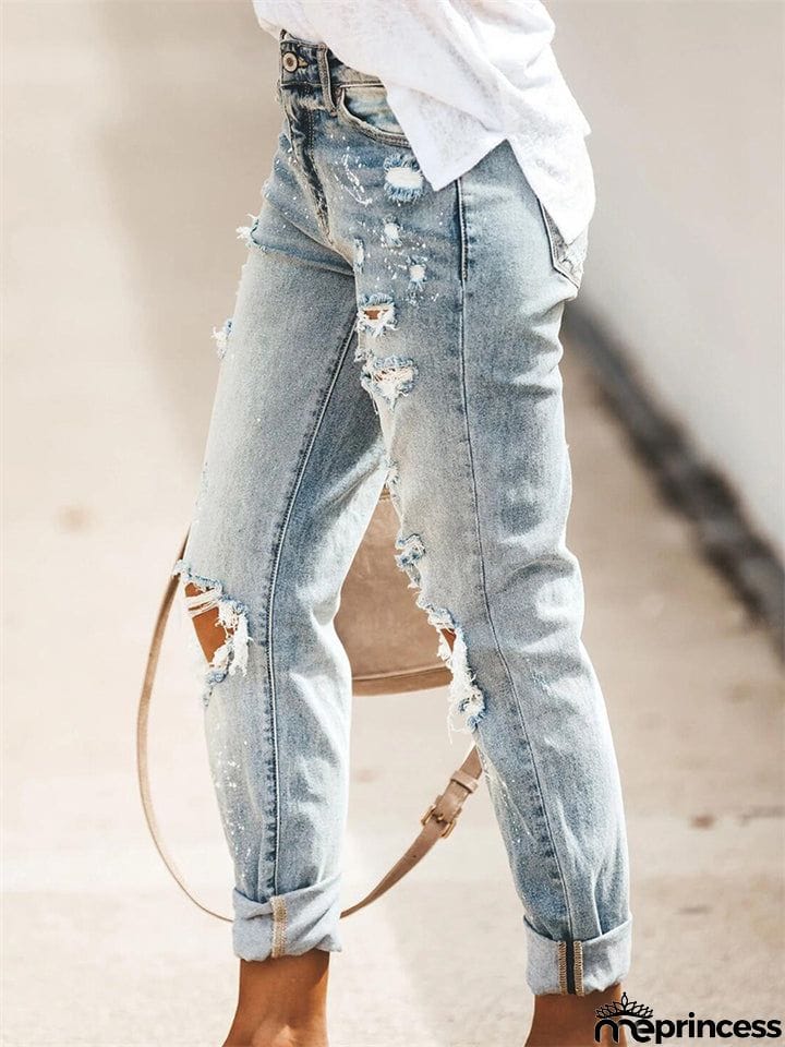 Women's Stretch Wash Effect Ripped Straight-Leg Street Style Jeans