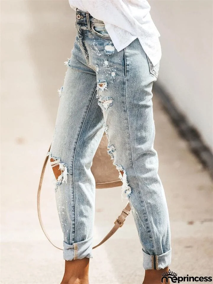 Women's Stretch Wash Effect Ripped Straight-Leg Street Style Jeans