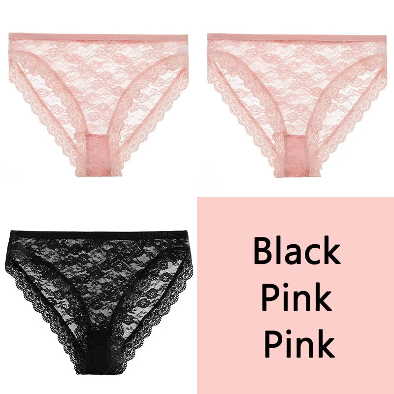 FINETOO Full Lace Briefs Panties Sexy Women Underwear M-2XL Low Waist Underpants Transparent Floral Panty Ladies Lingerie 3Pcs