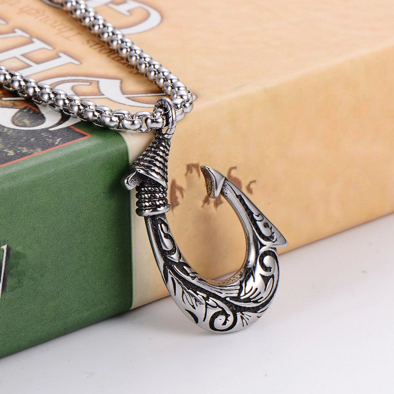 Hip-hop Tribal Fishhook Stainless Steel Carving Pendant Necklace 1 Piece