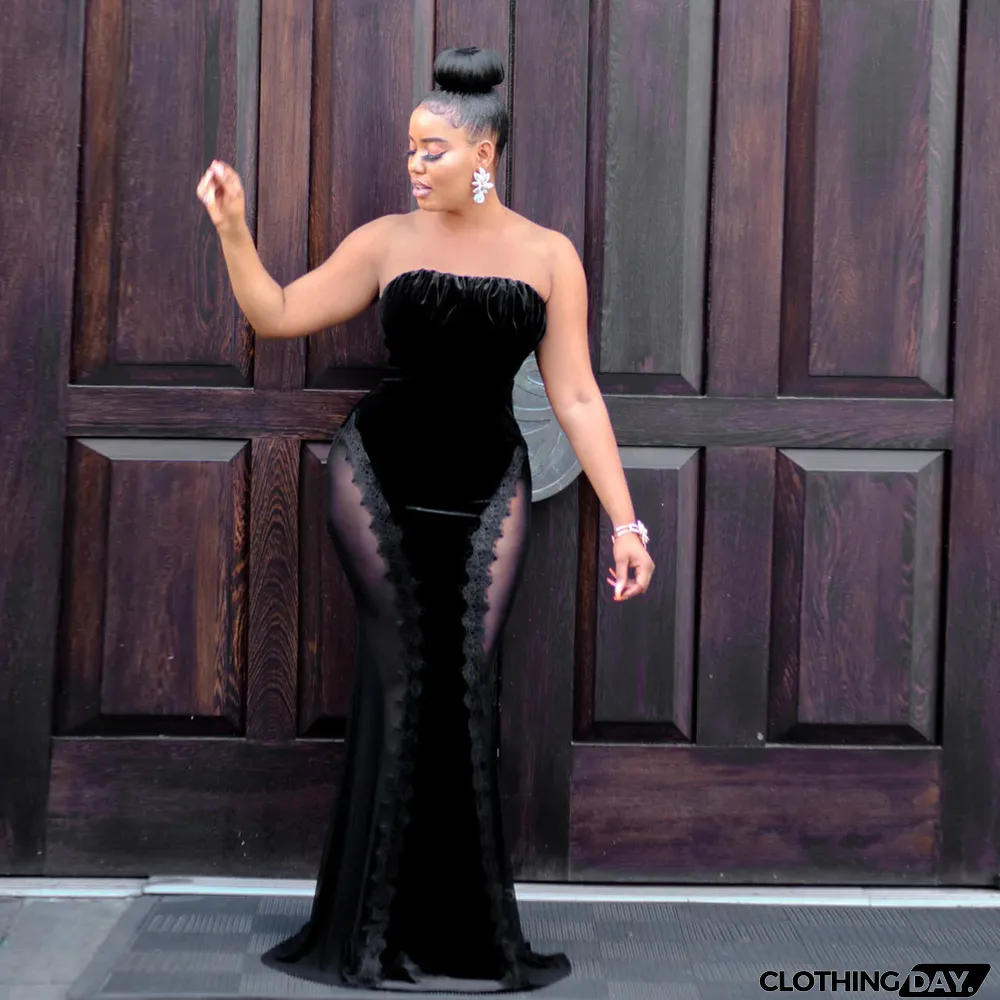 Velvet Strapless Sexy Patchwork Lace Bodycon Long Dress