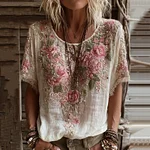 Women's Pink Rose Embroidery Art Round Neck Short Sleeve Linen Blend T-shirt - Image 2