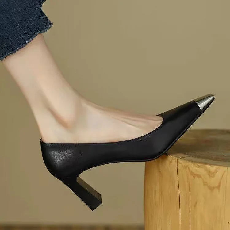 Churchf Churchf Shoes Korean Version Thick With Niche Design Metal Head Square Head Temperament Socialite Shallow High-Heeled Shoes Four Seasons Shoes