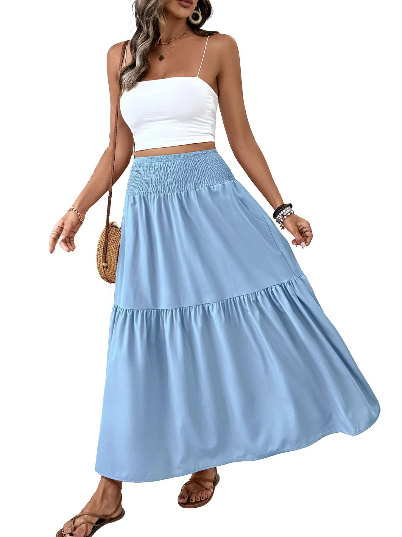 Women's Ditsy Floral Vintage Casual Vacation Layered A-Line Skirt, Elegant Long Skirt for Spring & Fall, All over Print Fitted Style