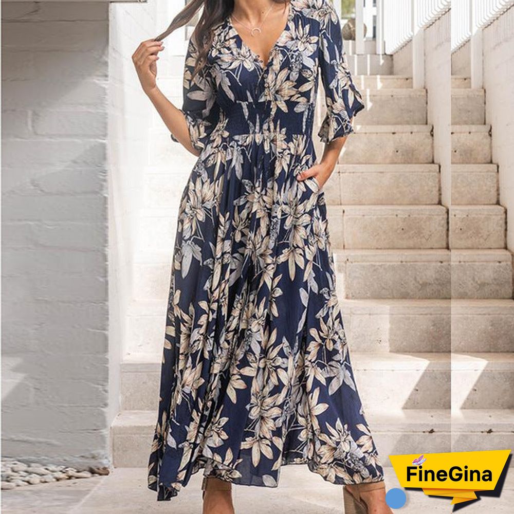 Light New V-neck Elegant Short-sleeved Printed Dress