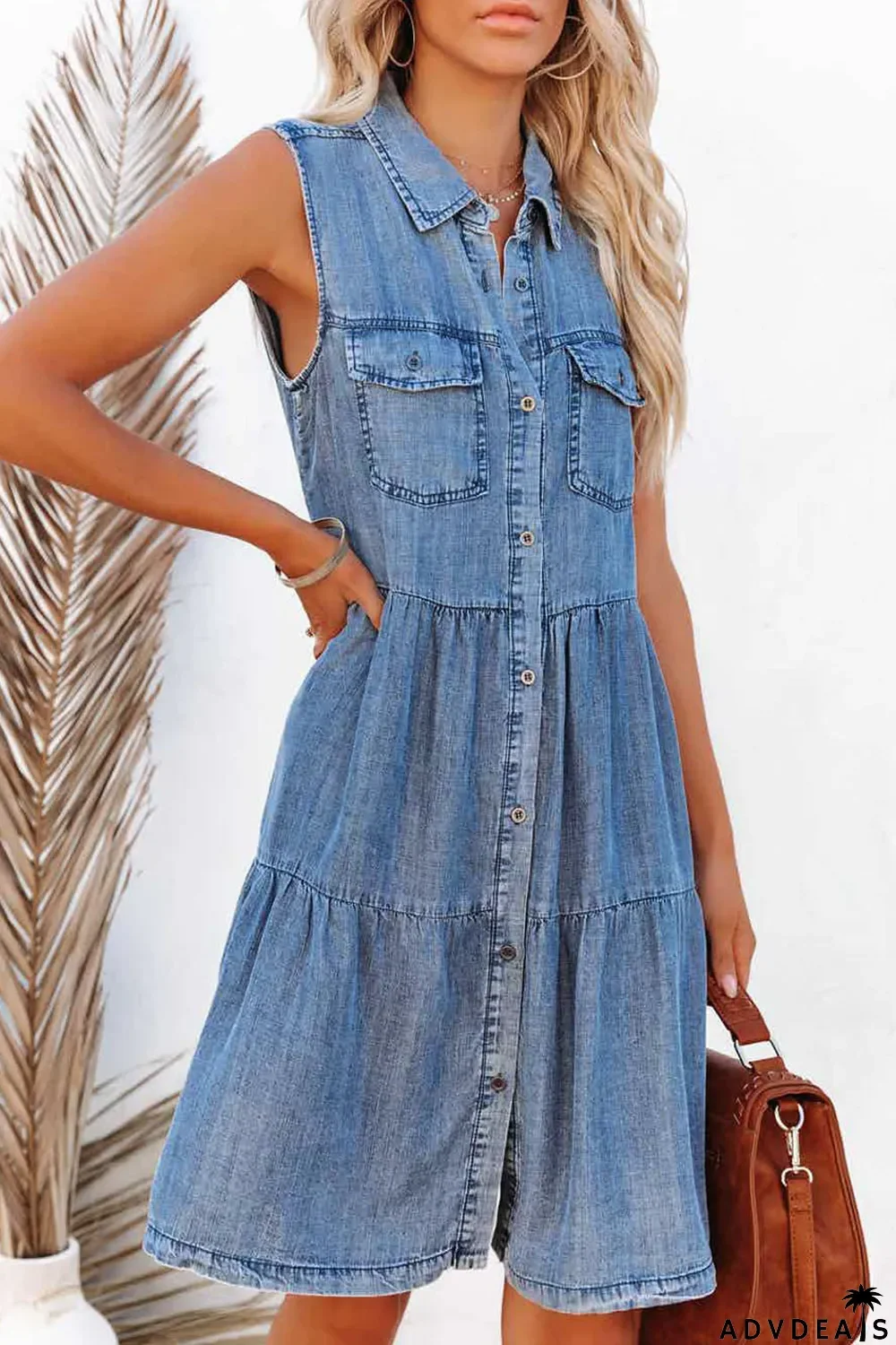 Sky Blue Flap Pockets Button up Sleeveless Denim Dress